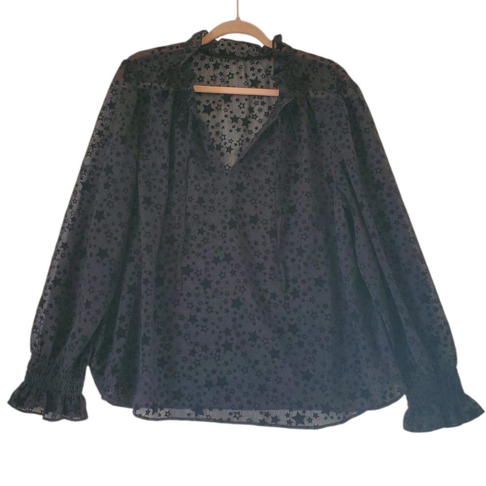 Womens LOFT Black Dressy Sheer Star Blouse Ruffle Collar Sleeves Size XL